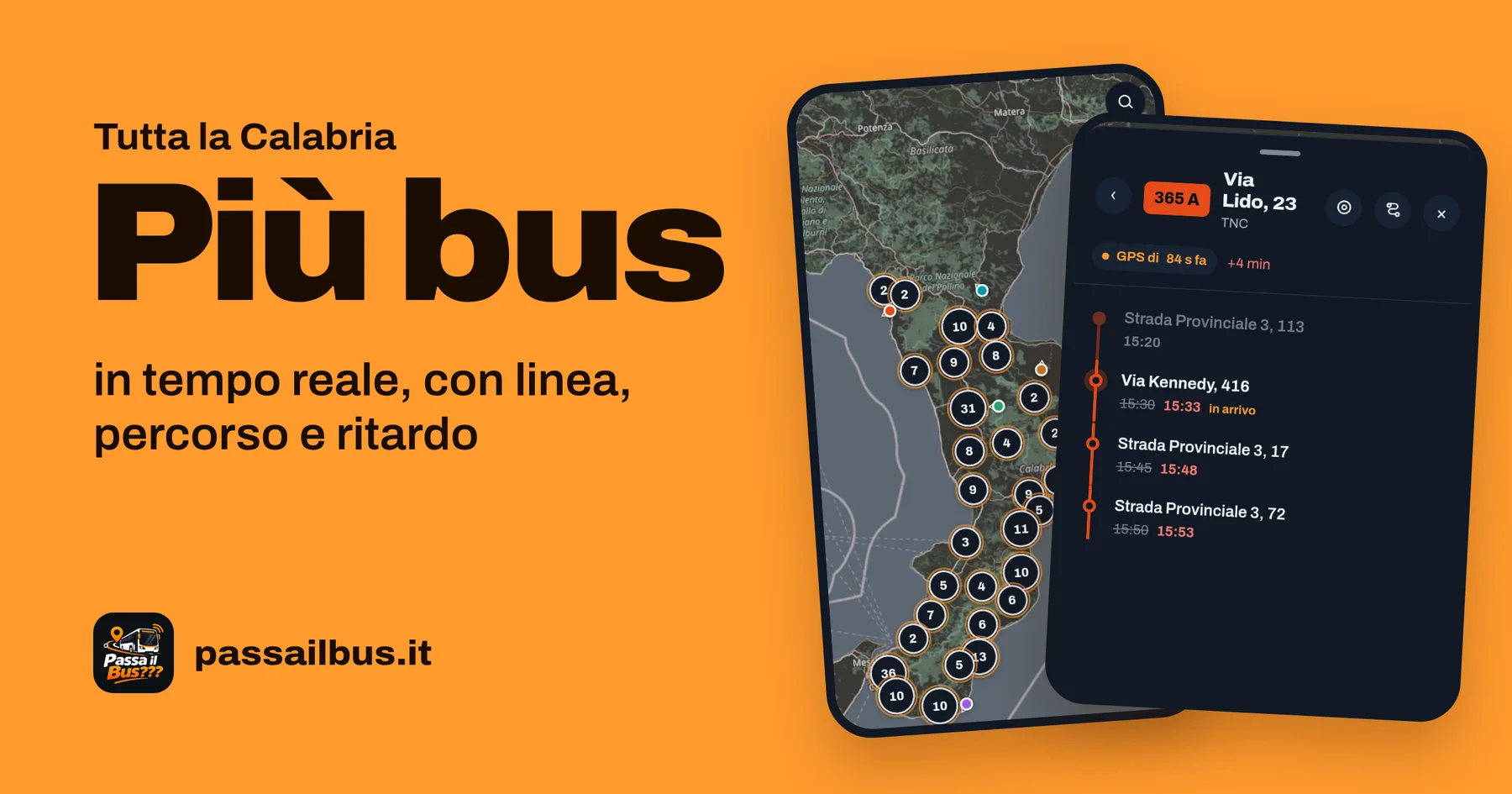 Two Passa il bus screens: the map of Calabria with 258 buses on the move grouped by area, and the details of a TNC 365 A trip with its route drawn along the road, a 4-minute delay and the expected times at the next stops.